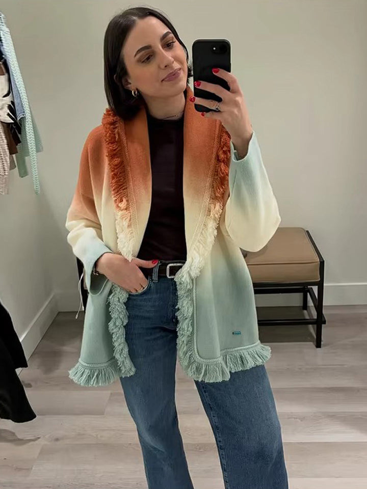 Women's Gradient Knit Cardigan with Fringes and Shawl Collar Mune Fashion