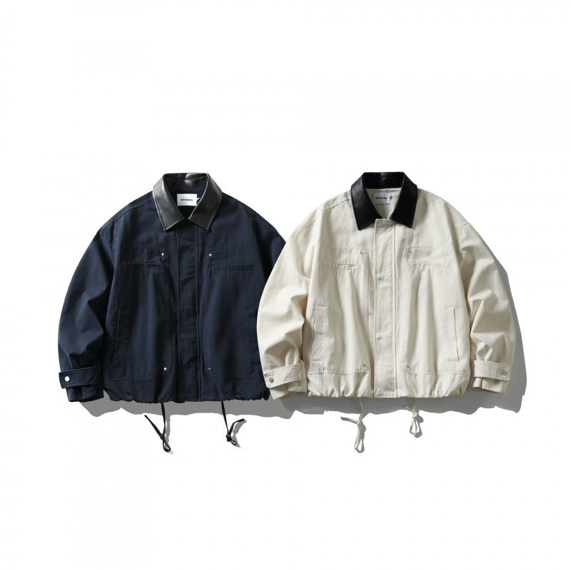 Men's Boxy Utility Jacket with Faux Leather Collar, Drawstring and Snap Cuffs Mune Fashion