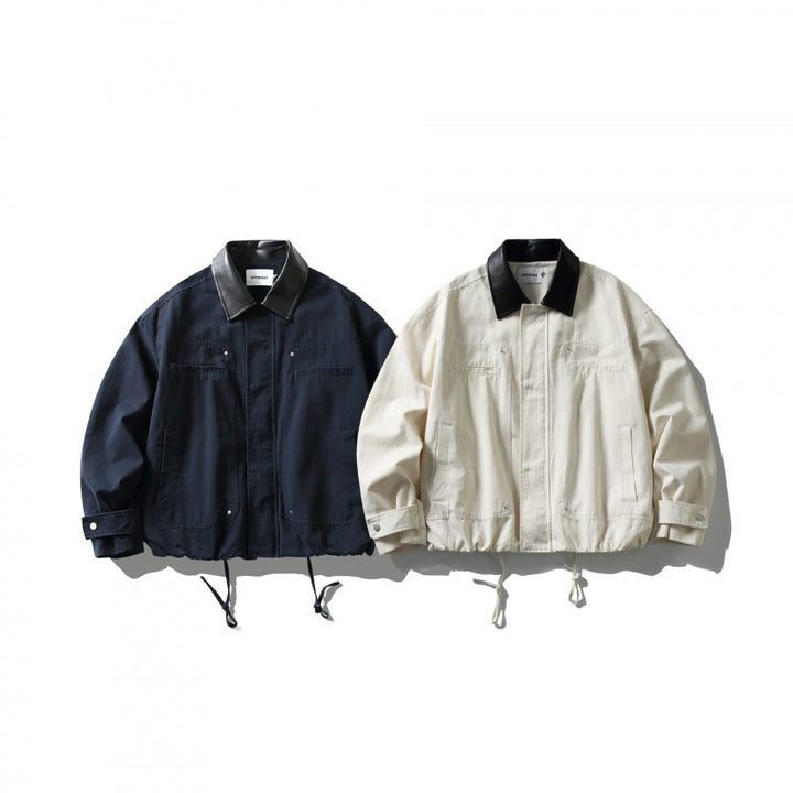 Men's Boxy Utility Jacket with Faux Leather Collar, Drawstring and Snap Cuffs Mune Fashion