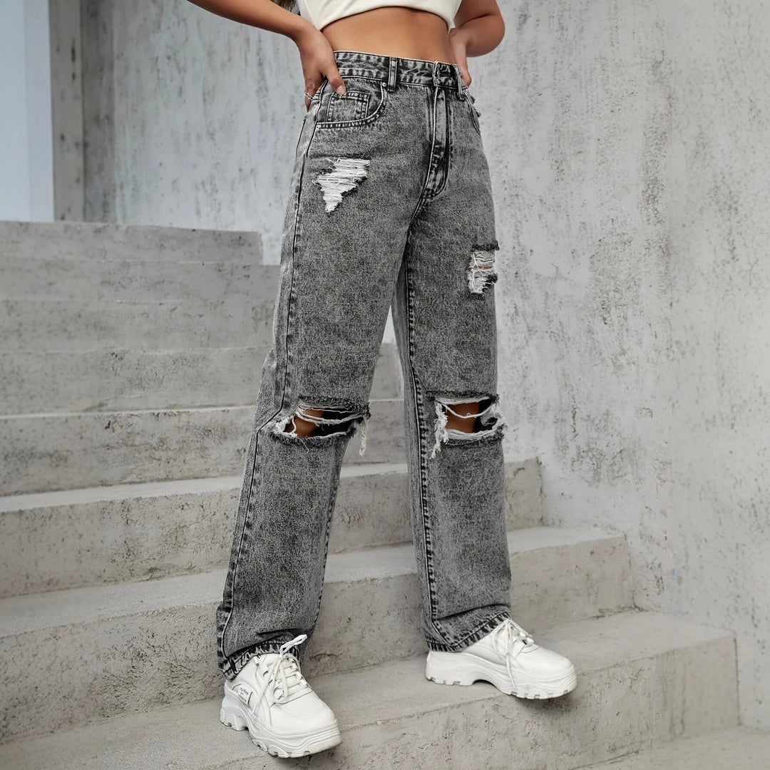 Ladies High-Waist Destroyed Wide-Leg Jeans with Knee Cutouts Mune Fashion