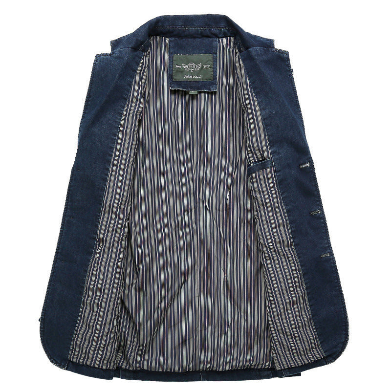 Men's denim blazer-style jacket with stretch, patch pockets, and lightweight lining.