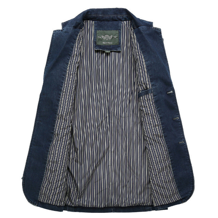 Men's denim blazer-style jacket with stretch, patch pockets, and lightweight lining.