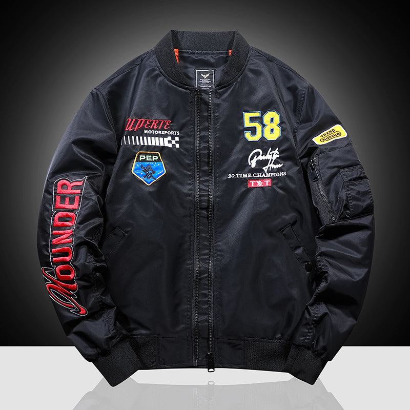 Men's bomber jacket in vintage motorsport look with sleeve utility pocket and patch applications Mune Fashion