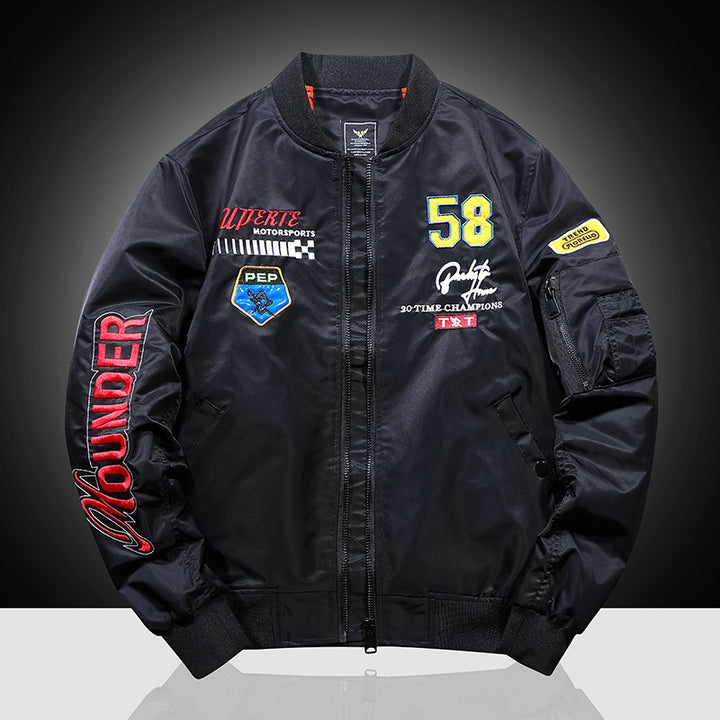 Men's bomber jacket in vintage motorsport look with sleeve utility pocket and patch applications Mune Fashion