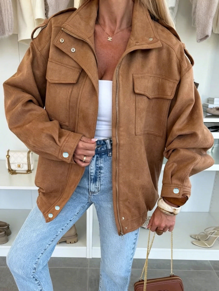 Women's Oversized Jacket in Suede Look with Chest Pockets and Epaulettes Mune Fashion