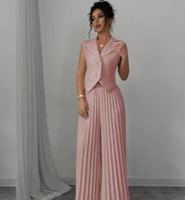 Women's Sleeveless Vest Blazer Top with Lapel and Pleated Palazzo Pants Two-Piece Evening Set Mune Fashion