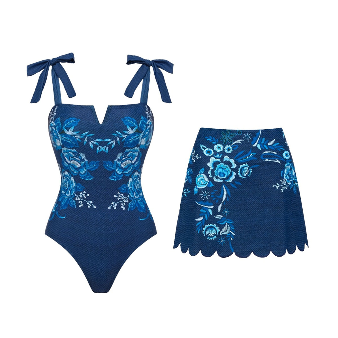 Women V neck swimsuit with playful bows and floral embroidery Mune Fashion