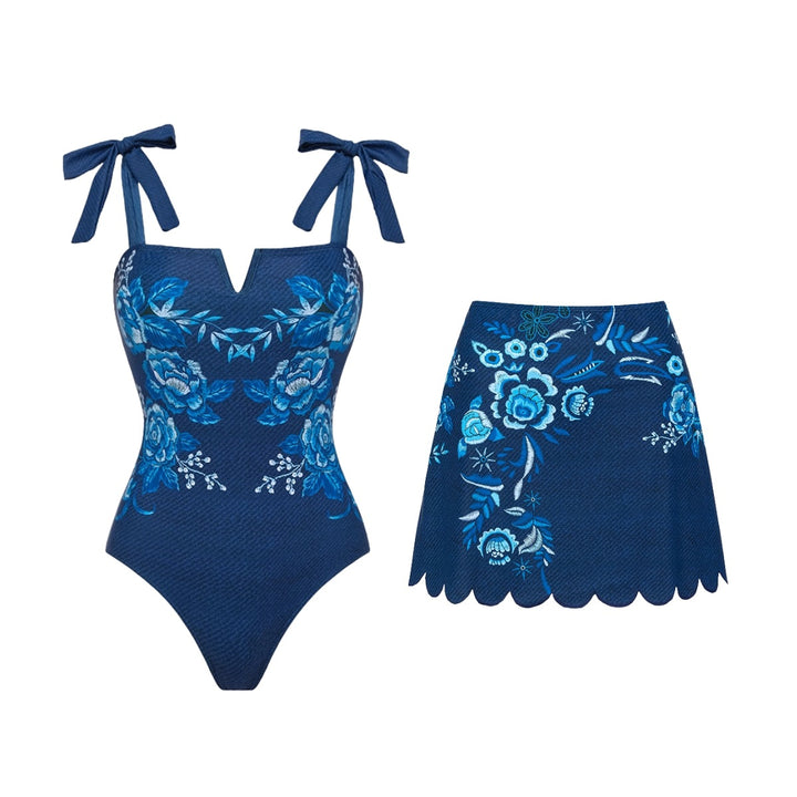 Women V neck swimsuit with playful bows and floral embroidery Mune Fashion