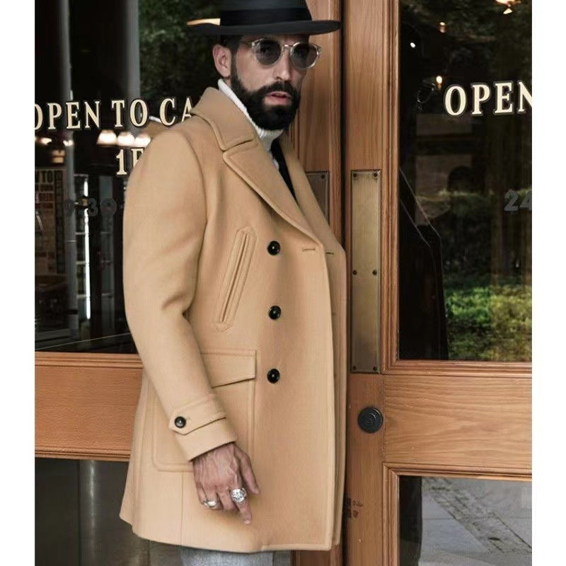 Men's Double-Breasted Peacoat made of Wool Blend with Metal Buttons and Flap Pockets Mune Fashion