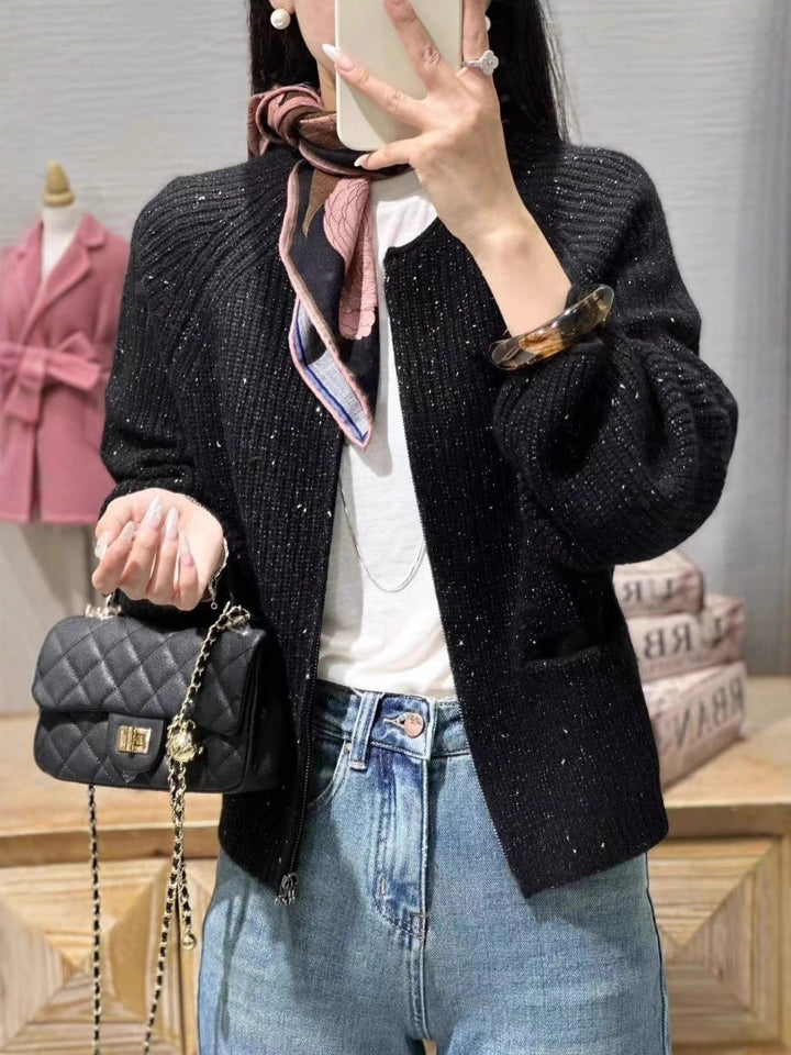Women's cropped boxy cardigan with ribbed fine knit balloon sleeves and patch pockets Mune Fashion