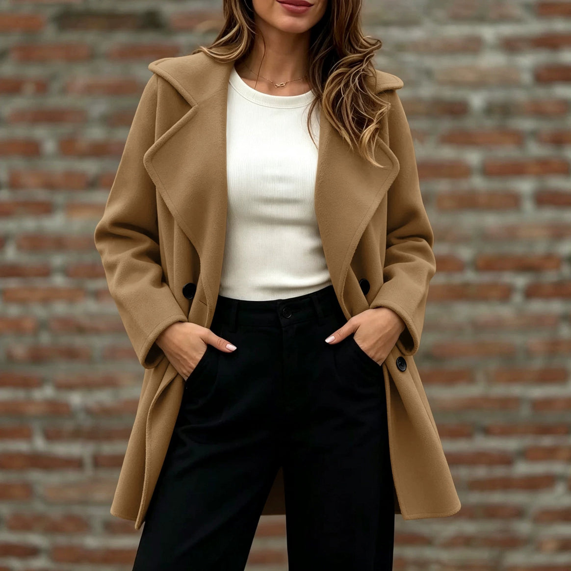 Women's Double-Breasted Wool Coat with Oversized Lapels Mune Fashion
