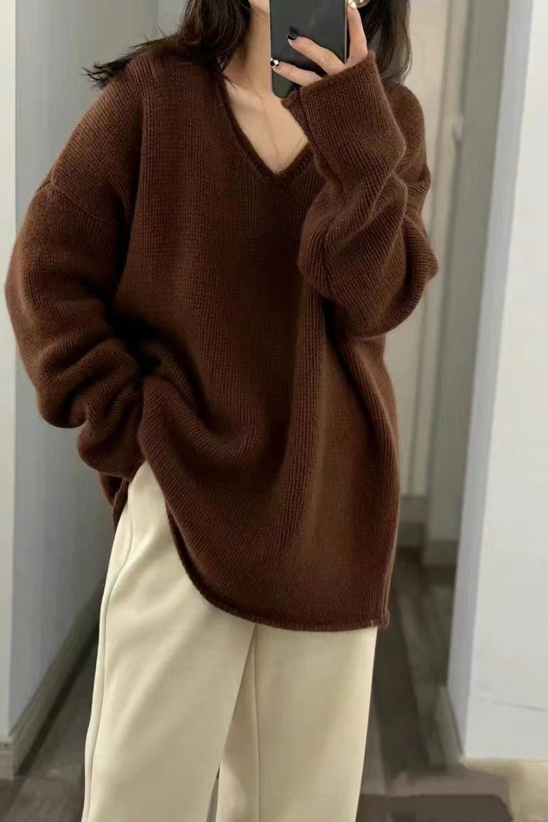 Ladies Oversize V-neck Pullover in Mohair look with drop shoulder and rounded hem Mune Fashion