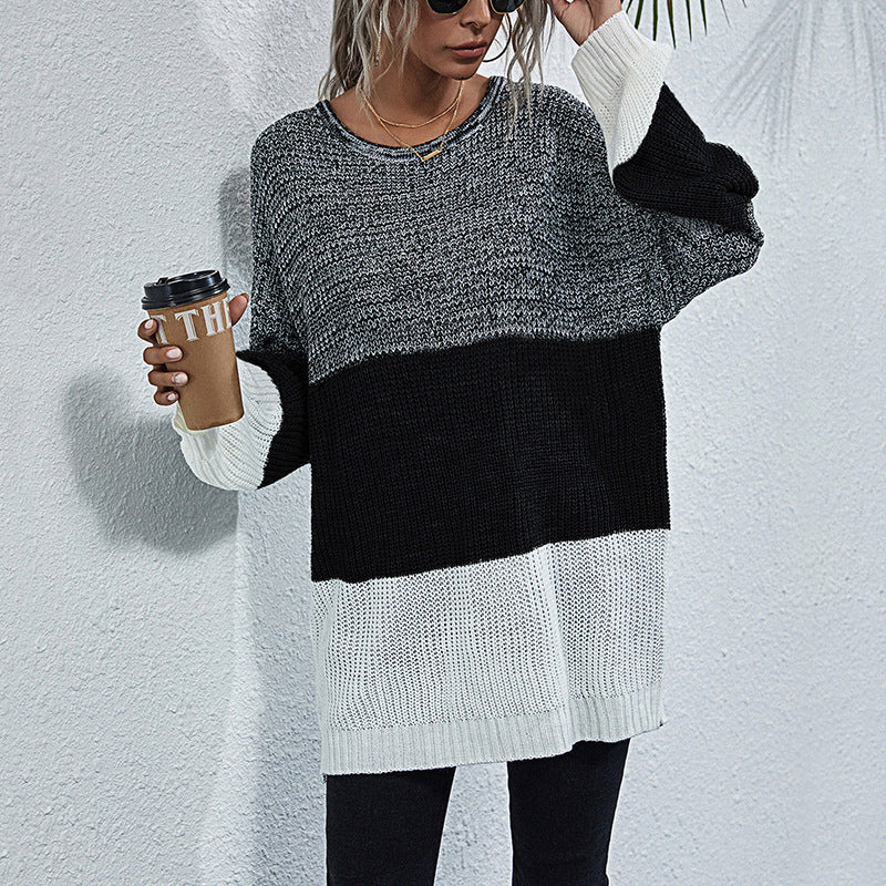 Women's Longline Chunky Knit Sweater with Color Block, Round Neck and Slightly Dropped Shoulder Mune Fashion