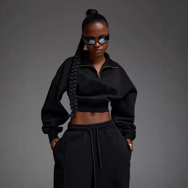 Women's short Half-Zip sweatshirt set with high-waisted wide lounge jogging pants Mune Fashion