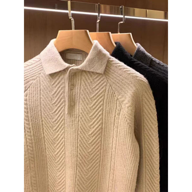 Men's fine-knit polo sweater with half-button placket and cable pattern Mune Fashion