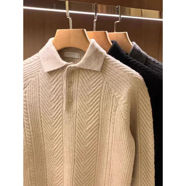 Men's fine-knit polo sweater with half-button placket and cable pattern Mune Fashion