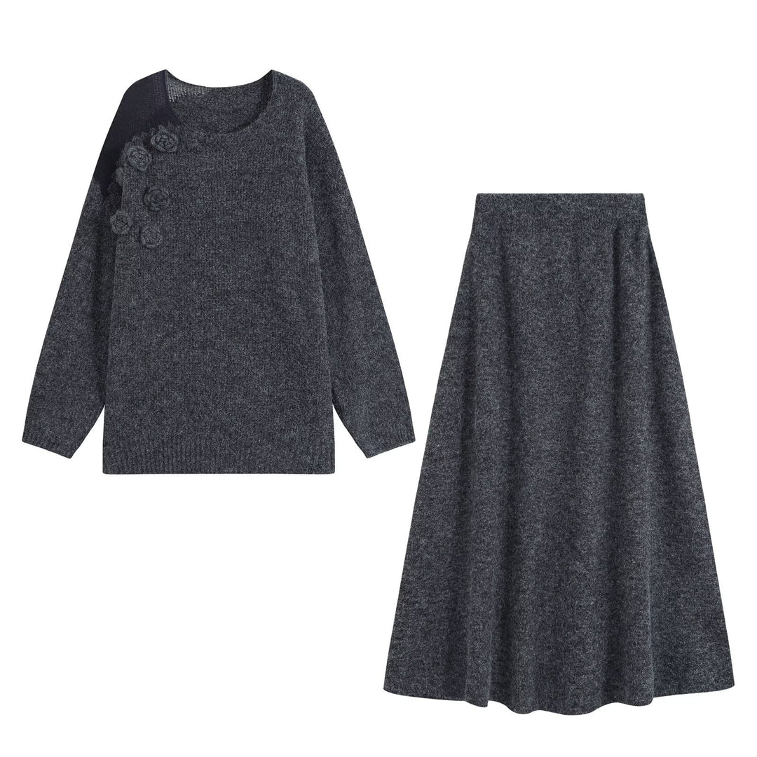 Women's knit set with cozy sweater featuring 3D flower appliqué and A-line skirt Mune Fashion