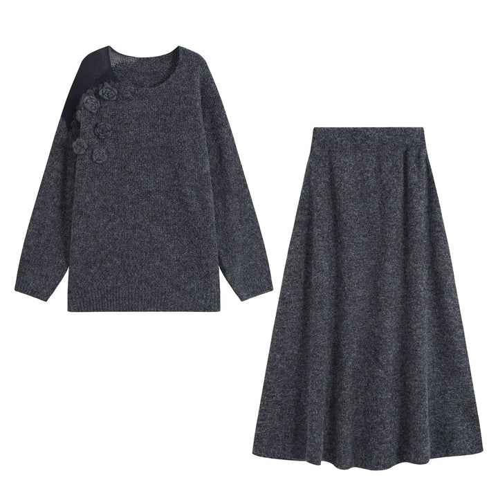 Women's knit set with cozy sweater featuring 3D flower appliqué and A-line skirt Mune Fashion