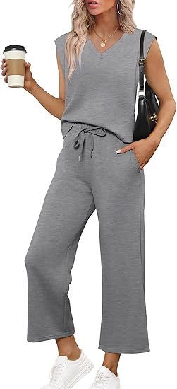 Women Casual Two-Piece Lounge Set with Sleeveless V-Neck Top and Wide Drawstring Pants Mune Fashion