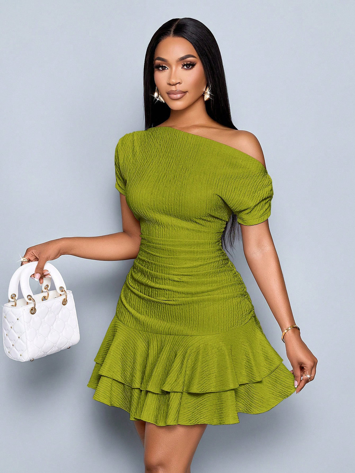 Women Fitted Gathered Off-Shoulder Mini Dress with Tiered Ruffle and Crepe Texture Mune Fashion