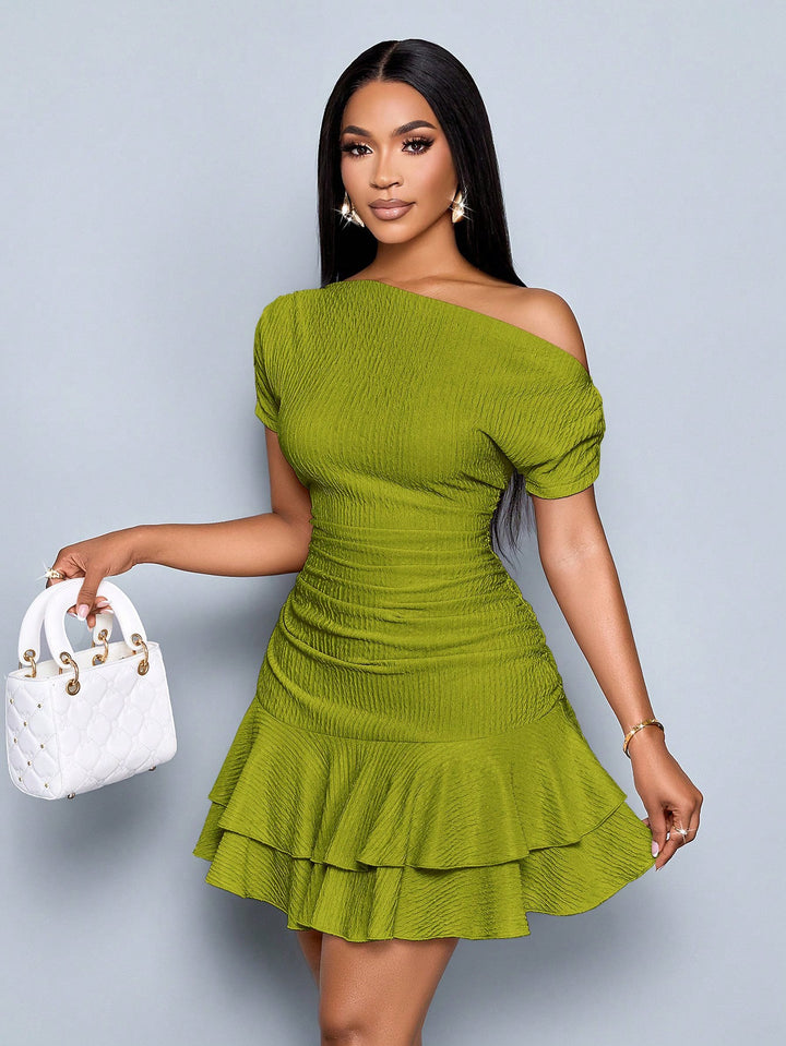 Women Fitted Gathered Off-Shoulder Mini Dress with Tiered Ruffle and Crepe Texture Mune Fashion