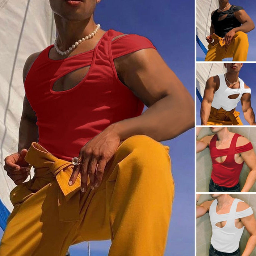 Men's nan asymmetrical sleeveless tank top with cut-out insert made of cotton-elastane Mune Fashion