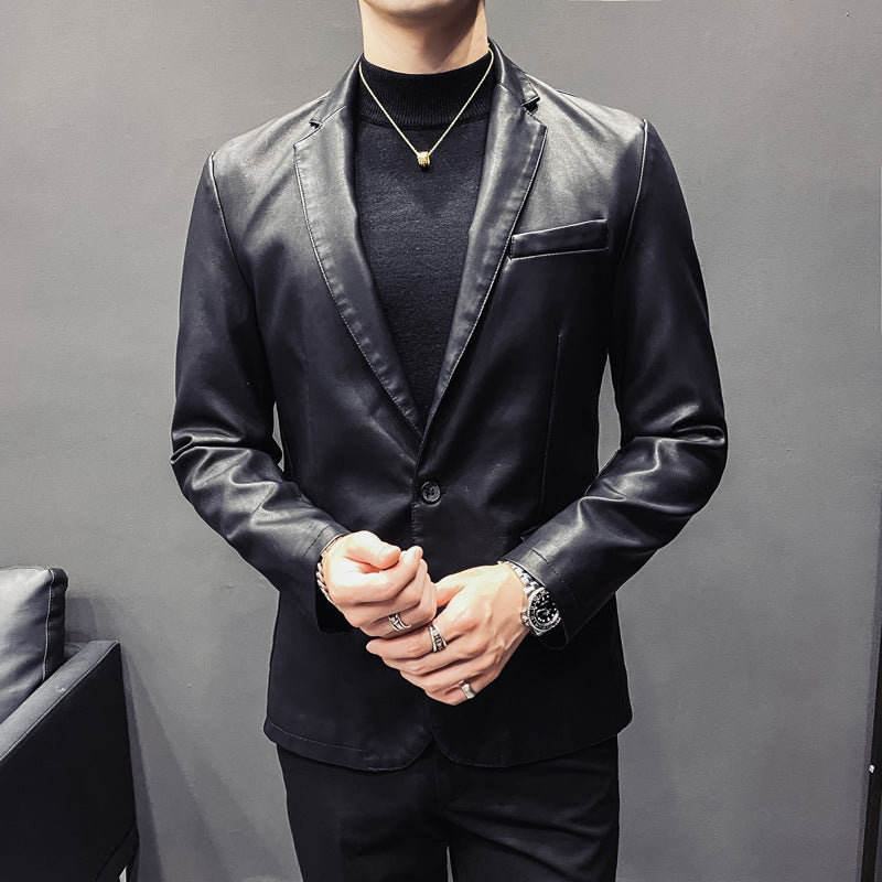 Men's Slim-Fit Leather Blazer with Tailored Silhouette and Classic Lapel Collar Mune Fashion