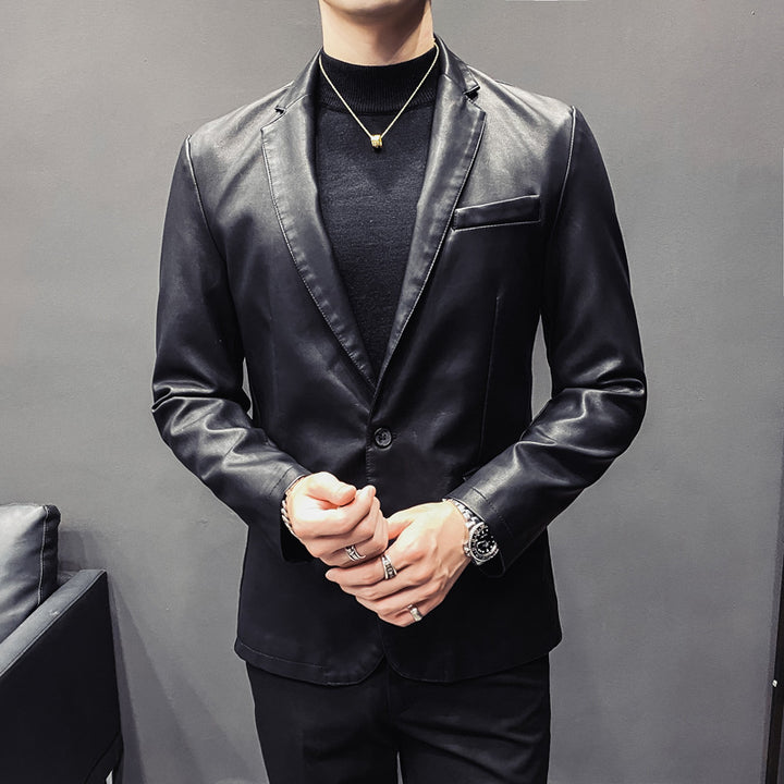 Men's Slim-Fit Leather Blazer with Tailored Silhouette and Classic Lapel Collar Mune Fashion