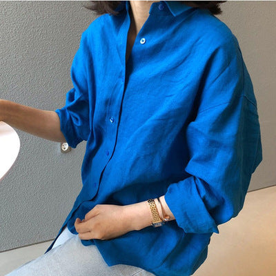 Women’s casual linen blouse with structured WMune fashioning, dropped shoulder and roll-up sleeves Mune fashion