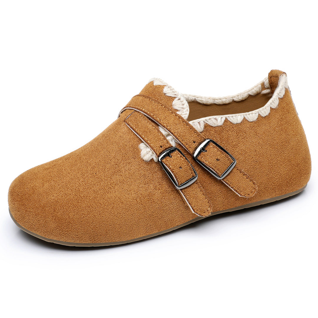 Ladies nan velour slip-on moccasin with decorative crochet trim and adjustable double buckles Mune Fashion