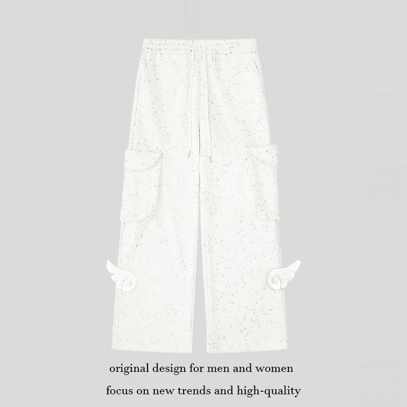 Women's Extra Wide Cargo Palazzo Sweatpants with Drawstring Waistband and Decorative Wing Appliqués Mune Fashion