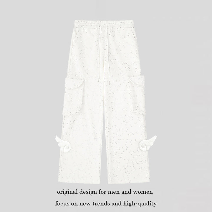 Women's Extra Wide Cargo Palazzo Sweatpants with Drawstring Waistband and Decorative Wing Appliqués Mune Fashion