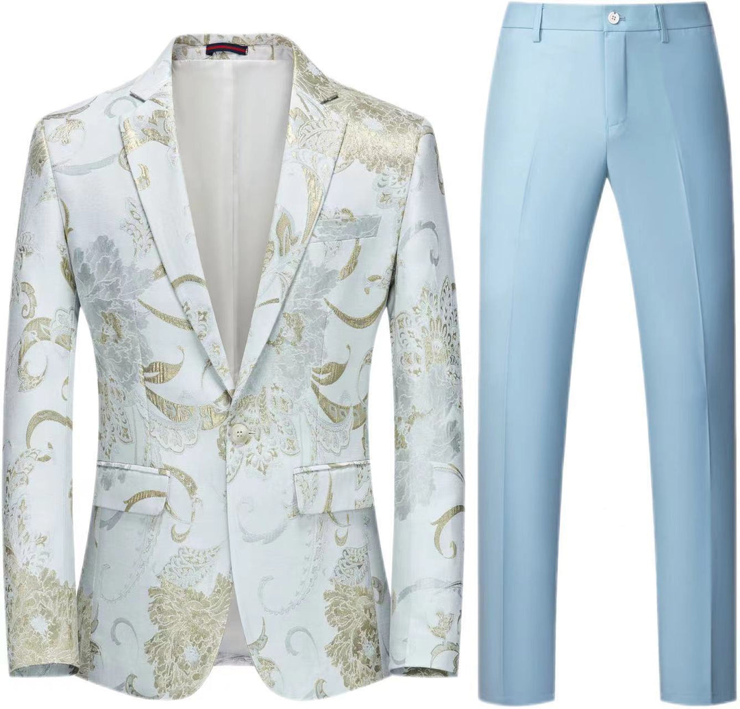 Women's Two-Piece Satin Jacquard Blazer with Floral Pattern and Tailored Fit as well as Slim Fit Suit Pants Mune Fashion