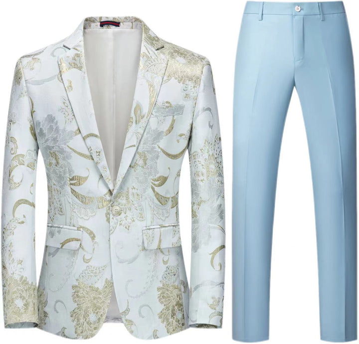 Women's Two-Piece Satin Jacquard Blazer with Floral Pattern and Tailored Fit as well as Slim Fit Suit Pants Mune Fashion
