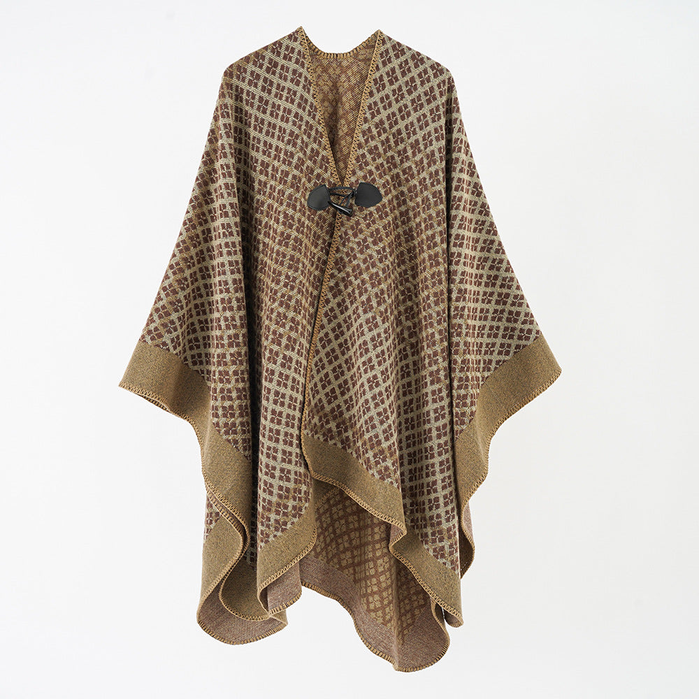 Women's wool poncho with geometric check pattern and toggle closure Mune Fashion
