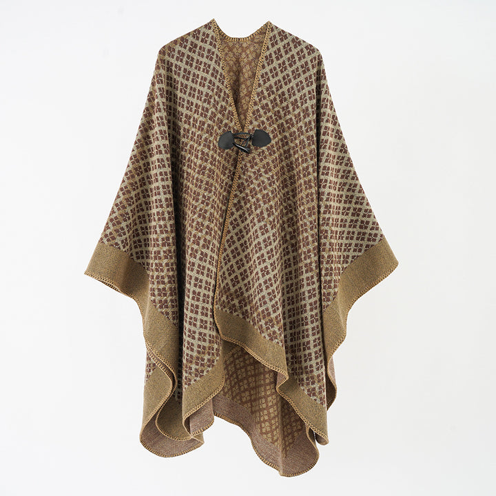 Women's wool poncho with geometric check pattern and toggle closure Mune Fashion