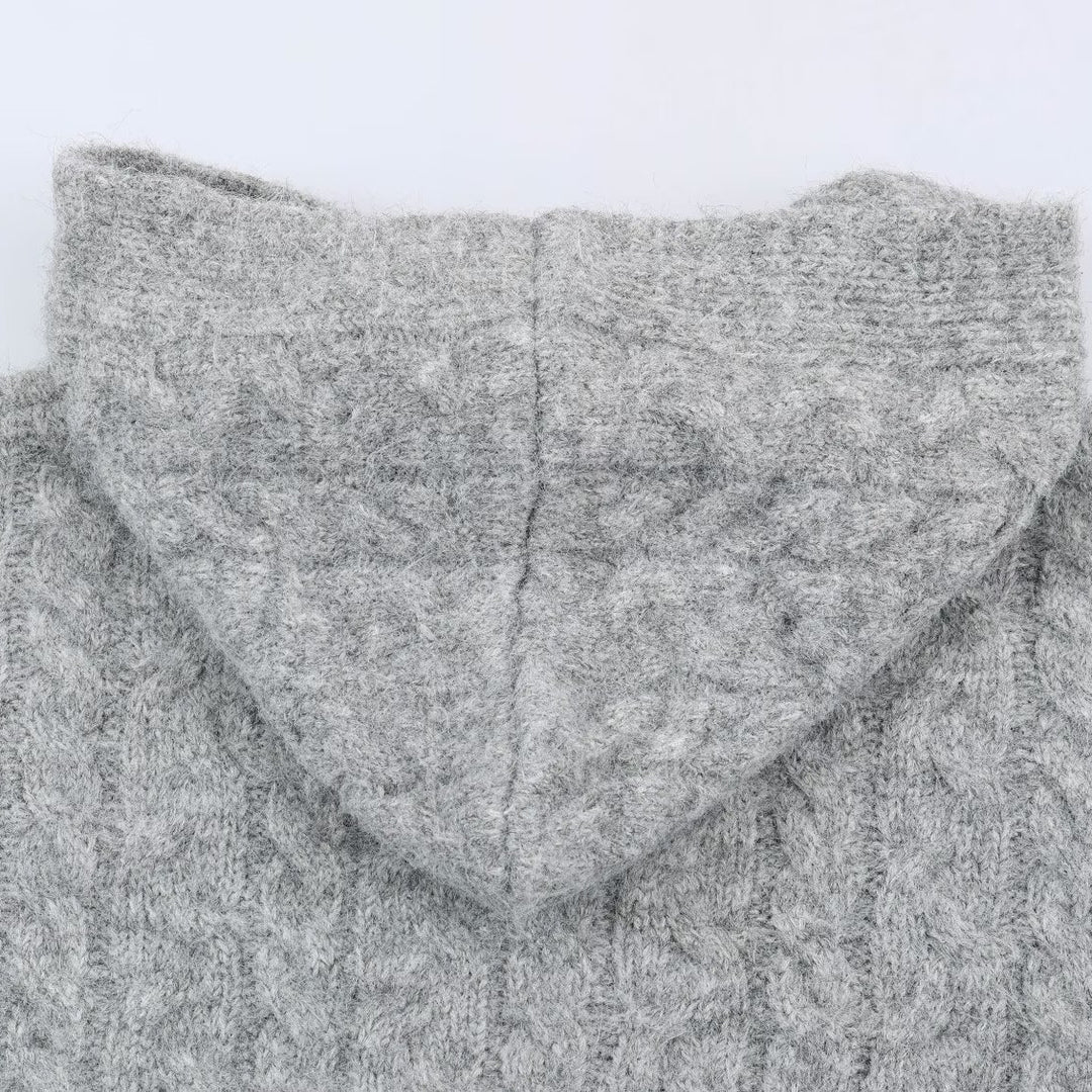 Women's Long Knitted Hooded Cardigan with Cable Pattern and Button Placket Mune Fashion