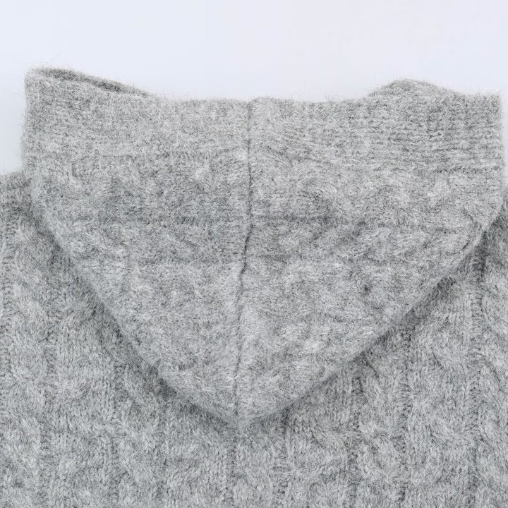 Women's Long Knitted Hooded Cardigan with Cable Pattern and Button Placket Mune Fashion