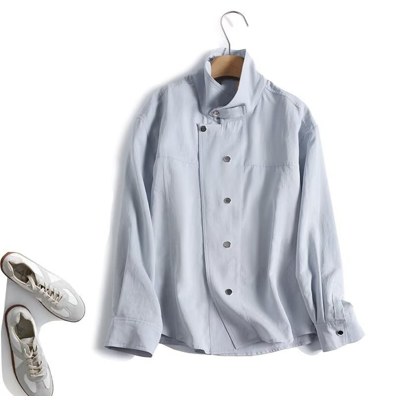 Women Light Oversized Blouse Jacket with Stand Collar and Concealed Snap Button Placket Mune Fashion