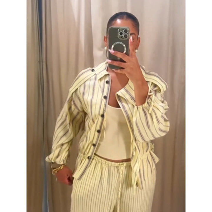Women Striped Two-Piece Loungewear Set with Oversized Shirt Jacket and Drawstring Pants Mune Fashion