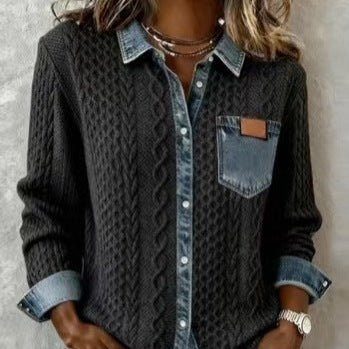 Women's braided knit sweater with integrated denim collar and chest pocket Mune Fashion