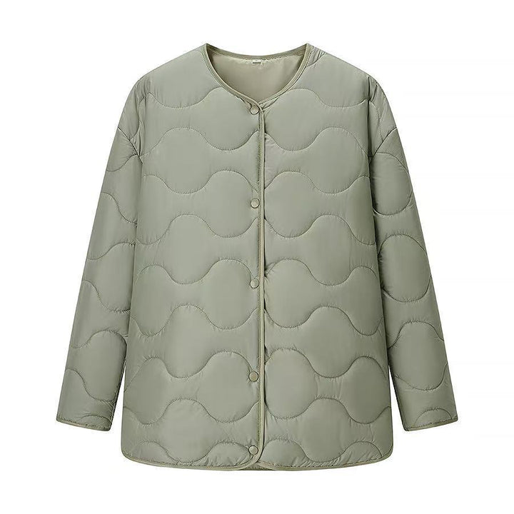 Women's Oversize Quilted Jacket without Collar with Snap Button Closure and Rounded Hem Mune Fashion