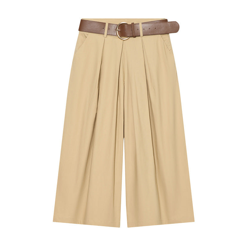 Women's High-Waisted Culotte Pants with Wide Leg, Knife Pleats and Round Buckle Belt Mune Fashion