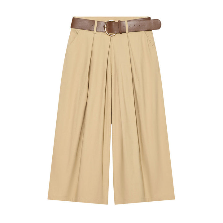 Women's High-Waisted Culotte Pants with Wide Leg, Knife Pleats and Round Buckle Belt Mune Fashion