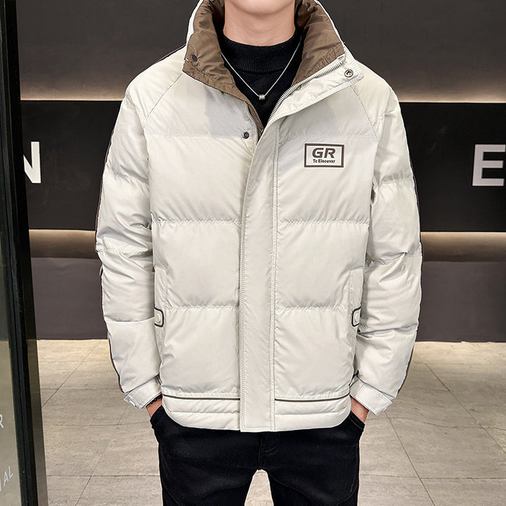 Men's Padded Quilted Jacket with High Collar, Press Stud Placket & Contrasting Side Stripe Mune Fashion