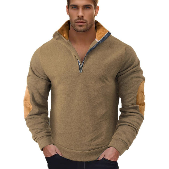 Men's short zip stand collar sweater with contrast collar and suede elbow patches Mune Fashion