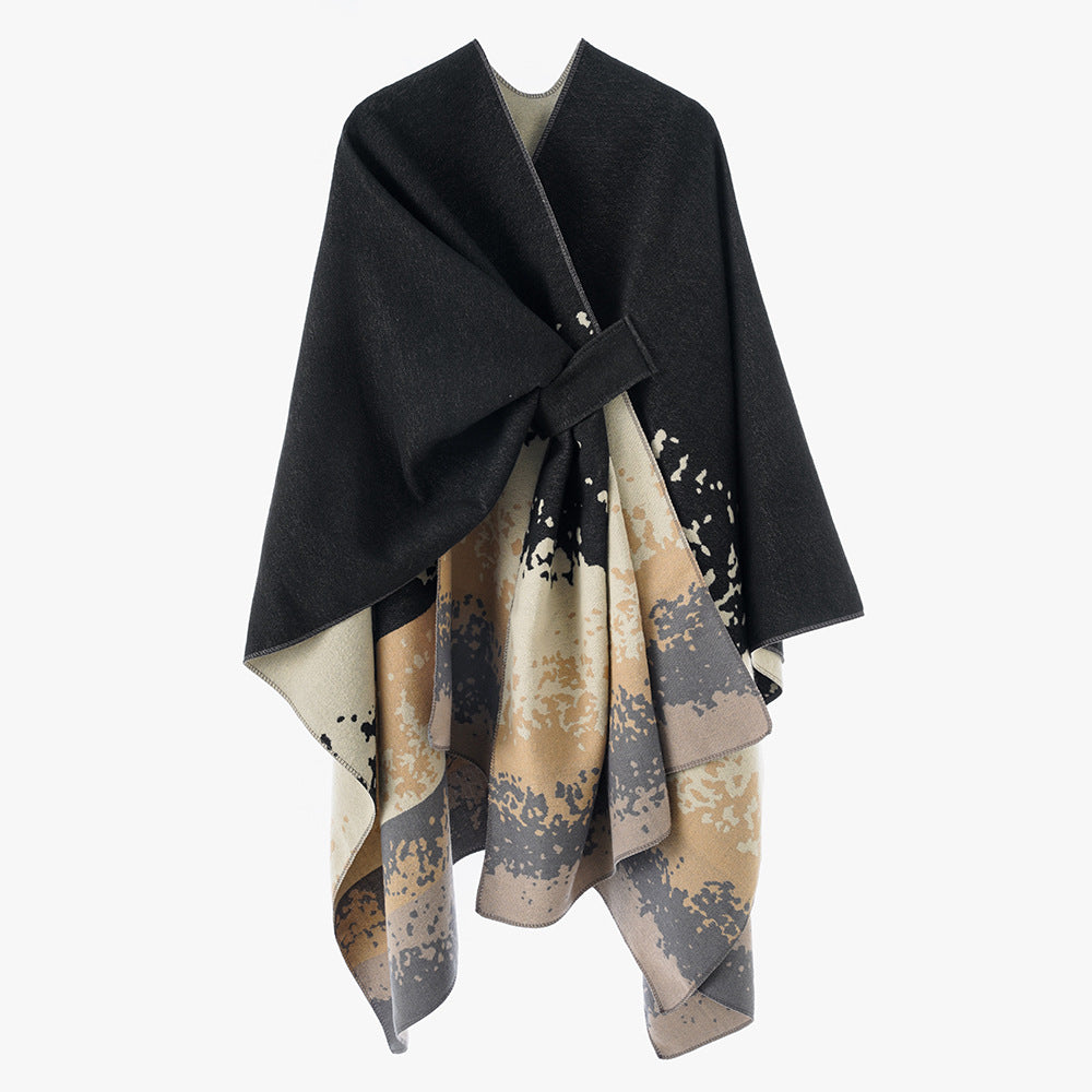 Women's cape poncho with integrated tie loop and two-layer jacquard fall Mune Fashion