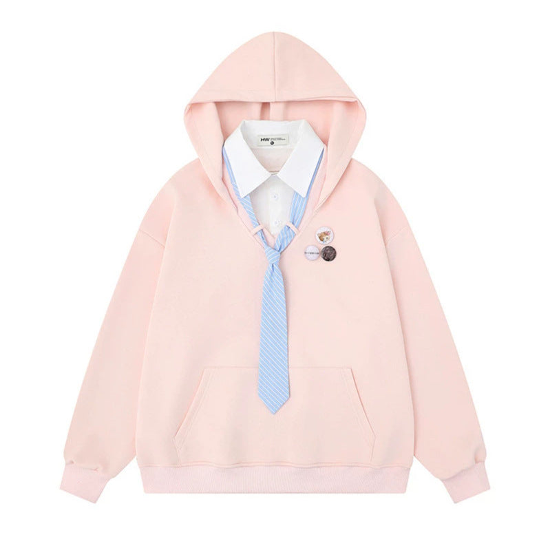 Women's hooded sweatshirt with inset shirt collar and pre-tied tie application Mune Fashion