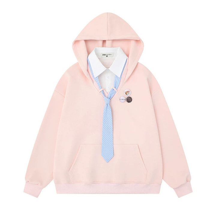Women's hooded sweatshirt with inset shirt collar and pre-tied tie application Mune Fashion