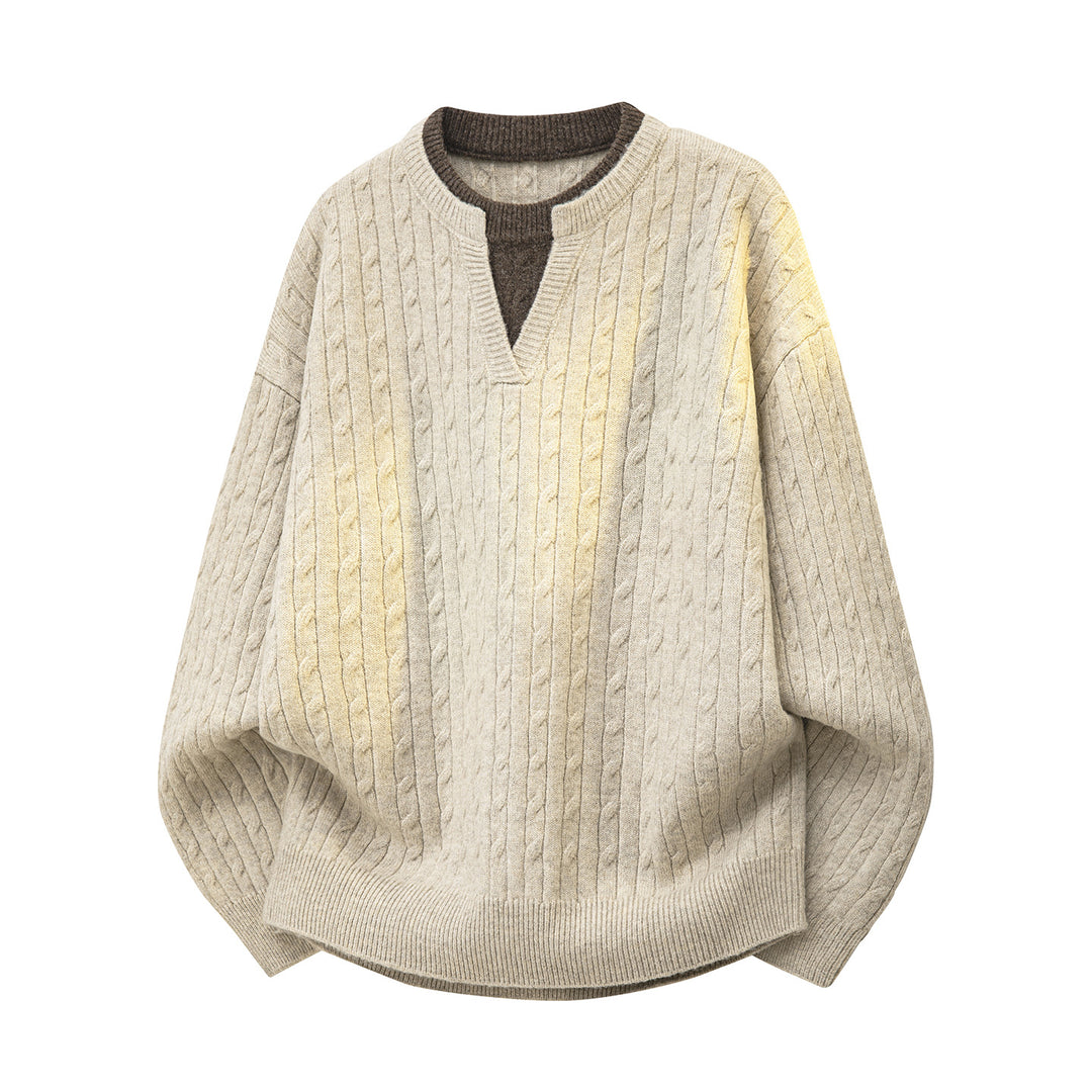 Women's Oversize Cable Knit Sweater with V-Neck and Layered Collar Mune Fashion